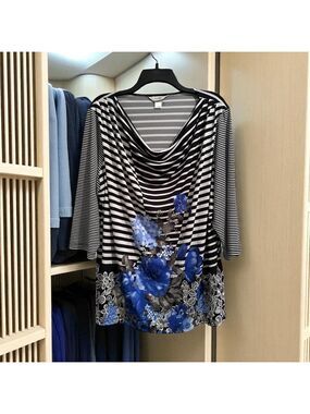 CJ Banks Black & White Stripe Tunic Blouse Womens 1X Cowl Neck with Blue Flowers